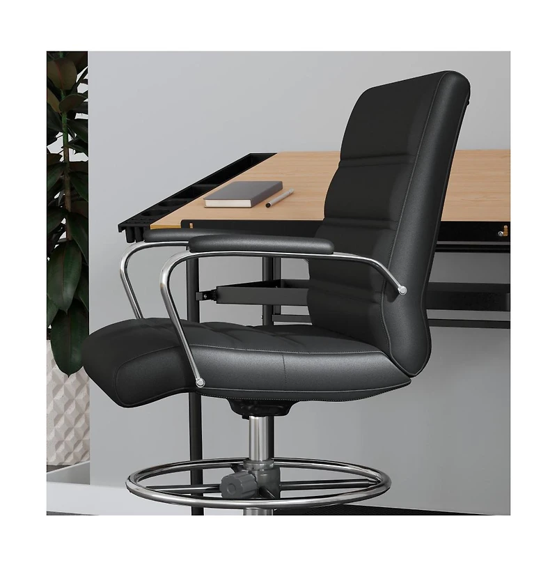 Merrick Lane Tevia Mid-Back Drafting Chair With Adjustable Foot Ring Upholstered Swivel Chair With Chrome Base