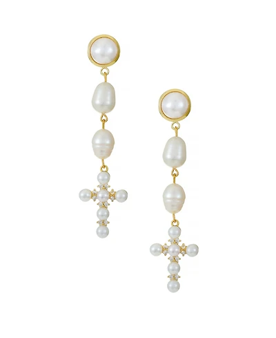Ettika Freshwater Pearl Cross 18K Gold Plated Drop Earrings