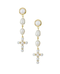 Ettika Freshwater Pearl Cross 18K Gold Plated Drop Earrings