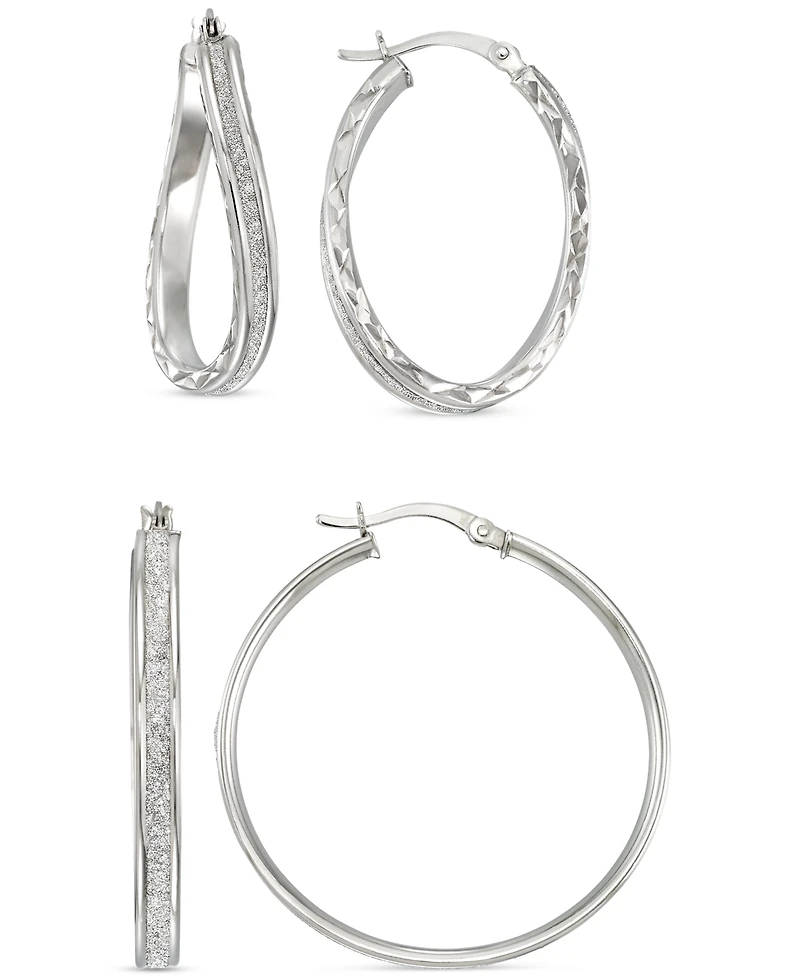 2-Pc. Set Wavy & Round Glitter Hoop Earrings in Sterling Silver