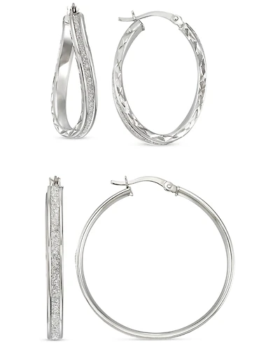 2-Pc. Set Wavy & Round Glitter Hoop Earrings in Sterling Silver