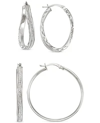 2-Pc. Set Wavy & Round Glitter Hoop Earrings in Sterling Silver