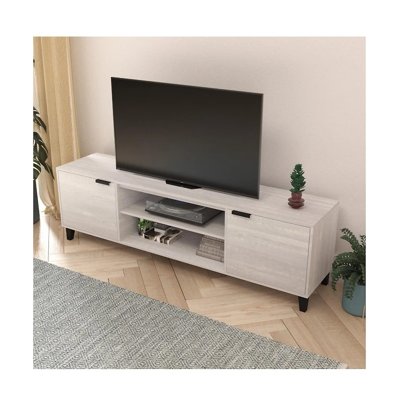 Merrick Lane Walter Mid-Century Modern Tv Stand With Adjustable Open Shelves And Two Doors