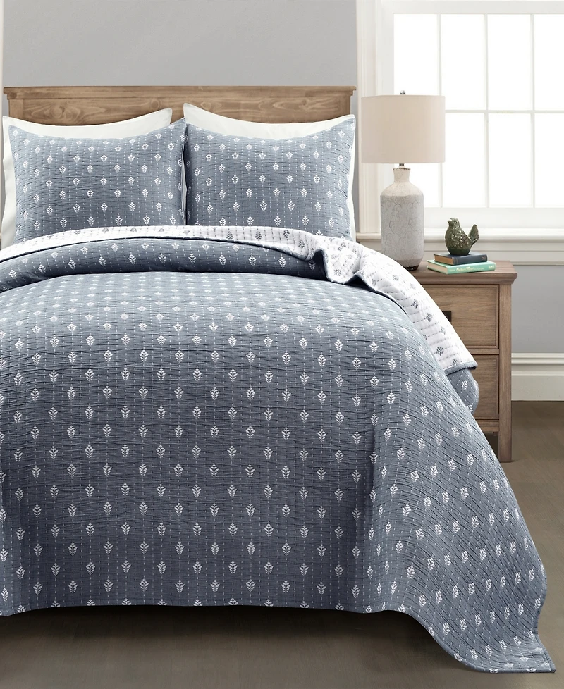 Lush Decor Hygge Kantha Pick Stitch Yarn Dyed Cotton Jacquard 3-Piece Quilt Set, King