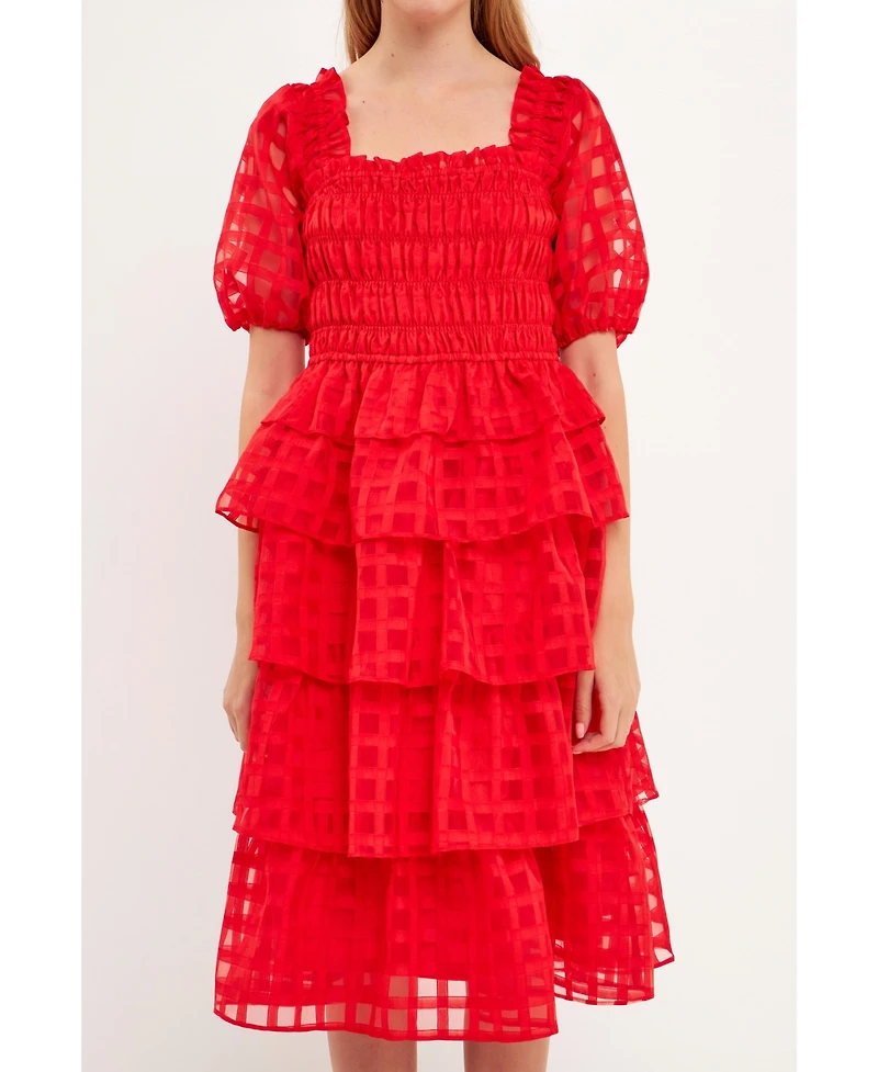 English Factory Women's Check Organza Tiered Midi Dress