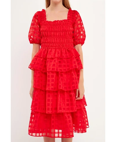 English Factory Women's Check Organza Tiered Midi Dress