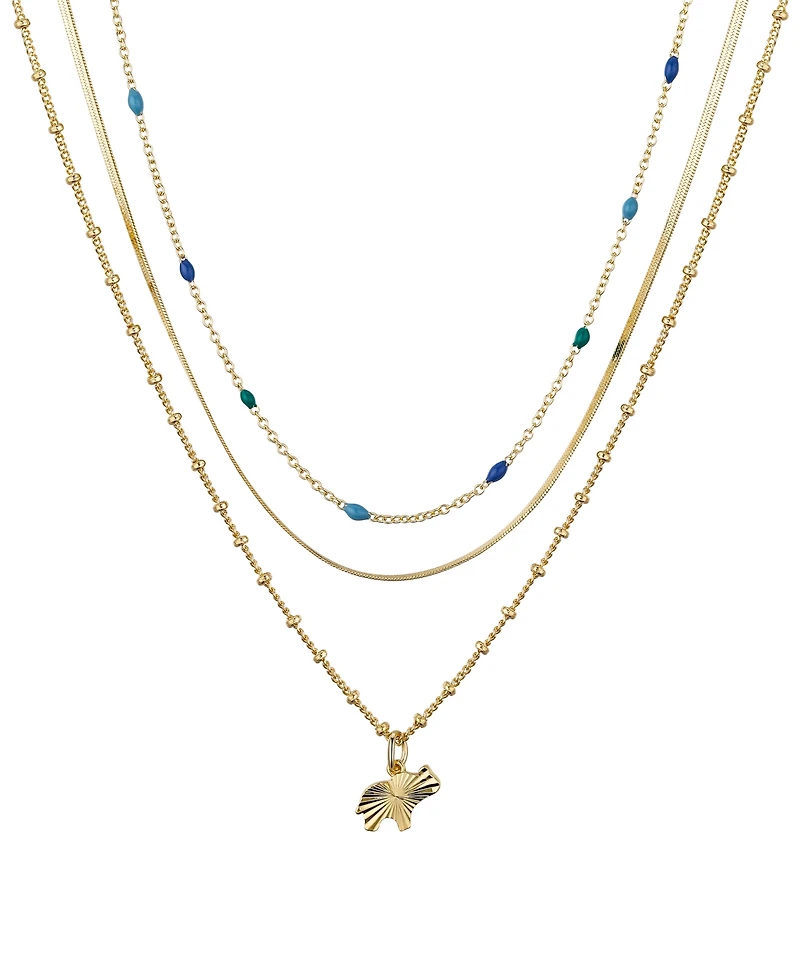 Unwritten 14K Gold Plated Elephant and Blue Enamel Beads Layered Necklace Set, 3 Pieces