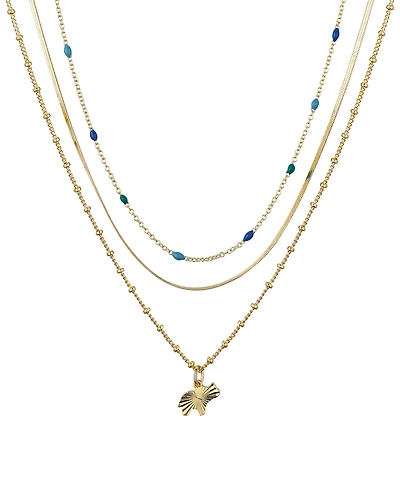 Unwritten 14K Gold Plated Elephant and Blue Enamel Beads Layered Necklace Set, 3 Pieces