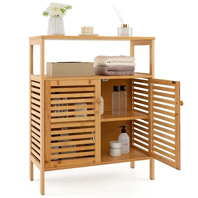 Bamboo Floor Cabinet Bathroom Storage Cabinet Storage Organizer w/ Shutter Doors