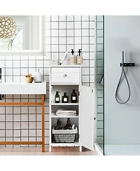 Wooden Bathroom Floor Storage Cabinet Organizer with Drawer and Adjustable Shelf