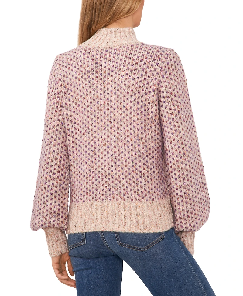 CeCe Women's Marled Blouson Sleeve Jacquard Knit Mock Neck Sweater