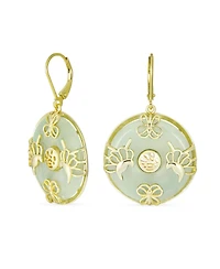Bling Jewelry Asian Style Circle Disc Round Donut Good Fortune Green Jade Butterfly Drop Dangle Earrings Gold Plated Sterling Silver Lever Back