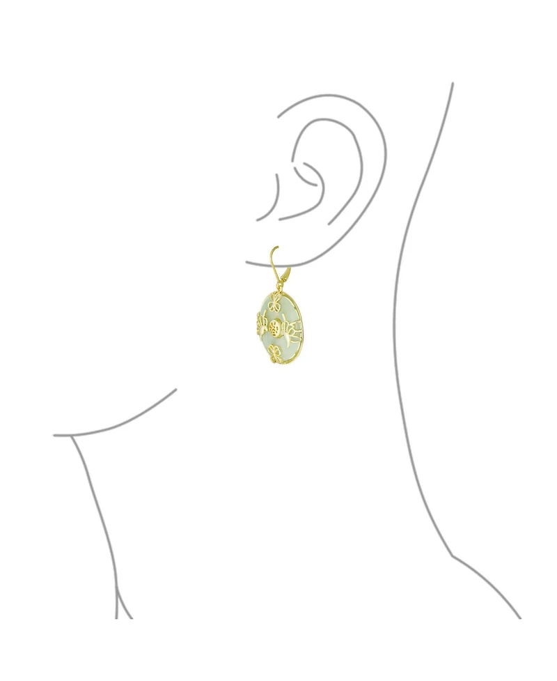 Bling Jewelry Asian Style Circle Disc Round Donut Good Fortune Green Jade Butterfly Drop Dangle Earrings Gold Plated Sterling Silver Lever Back