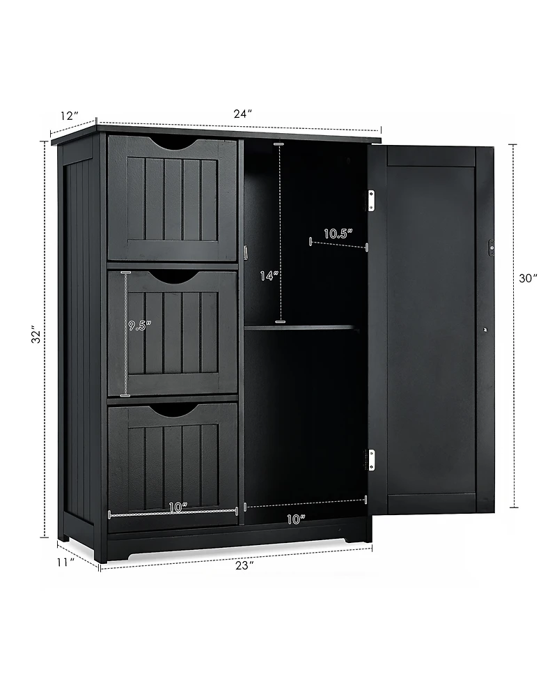 Bathroom Floor Cabinet Side Storage with 3 Drawers and 1 Cupboard