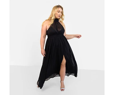 Rebdolls Women's Plus Size Elise Chiffon Halter Maxi A Line Dress W. Slit
