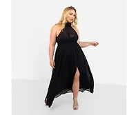 Rebdolls Women's Plus Size Elise Chiffon Halter Maxi A Line Dress W. Slit