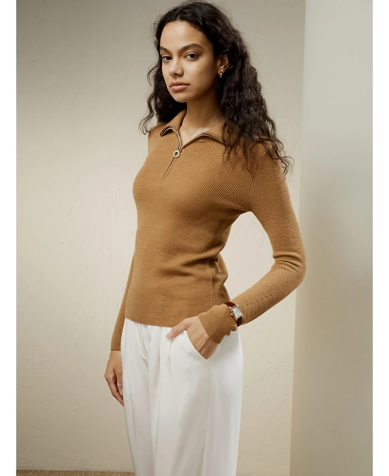 Lilysilk Women's Gaia Ribbed Half Zip Ultra-fine Wool Sweater