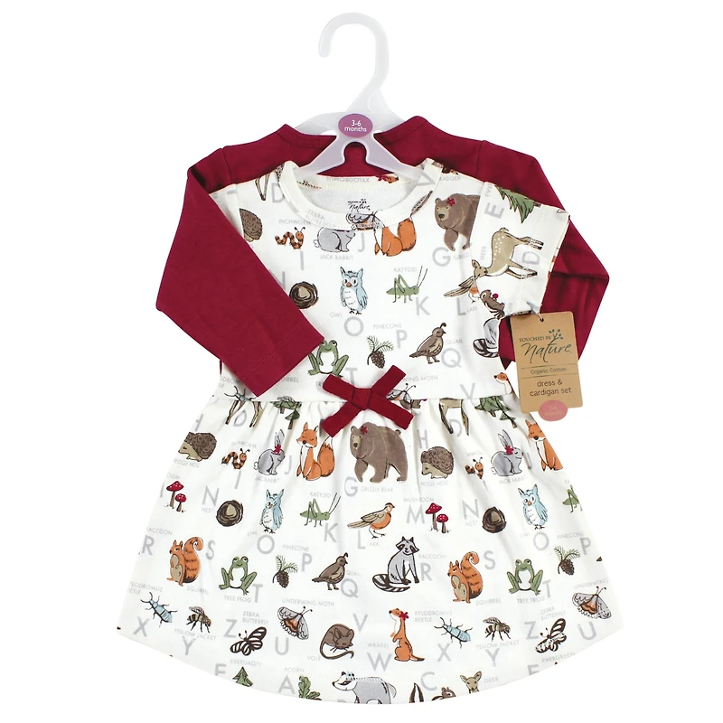 Touched by Nature Toddler Girls Organic Cotton Dress and Cardigan, Woodland Alphabet