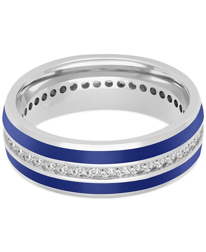 Men's Black Sapphire (1-1/3 ct. t.w.) & Ceramic Stripe Band in Sterling Silver (Also in Lab-Created White Sapphire)