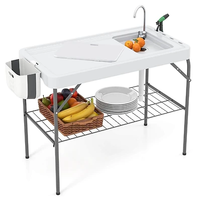 Costway Folding Fish Cleaning Table Portable Camping Table with Faucet Hose Grid Rack