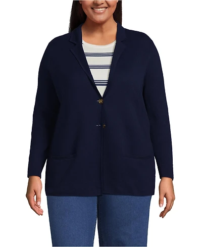 Lands' End Plus Fine Gauge Cotton Button Front Blazer Sweater