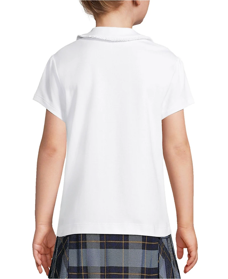 Lands' End Girls School Uniform Short Sleeve Ruffled Peter Pan Collar Knit Shirt