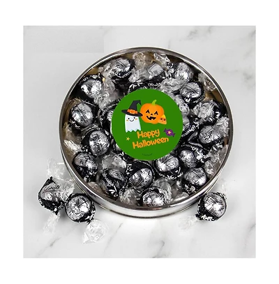 Just Candy Halloween Candy Gift Tin with Chocolate Lindor Truffles by Lindt Large Plastic Tin with Sticker