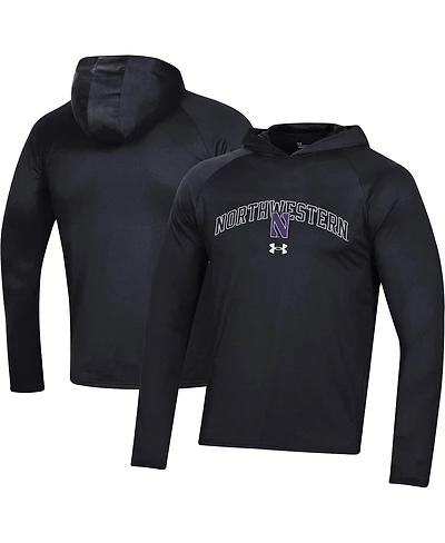 Men's Under Armour Black Northwestern Wildcats 2023 Sideline Tech Hooded Raglan Long Sleeve T-shirt