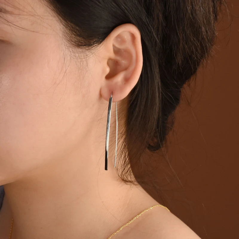 Bling Jewelry Delicate Minimalist Modern Long Thin Line Linear Threader Earrings Sterling Silver