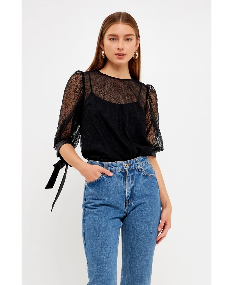 endless rose Women's Embroidered Puff Sleeve Satin Bow Top