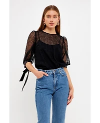 endless rose Women's Embroidered Puff Sleeve Satin Bow Top
