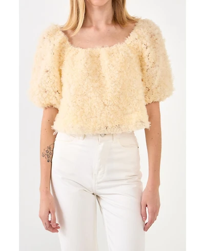 endless rose Women's Floral Tulle Puff Sleeve Top