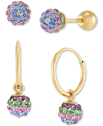 Children's 2-Pc Set Multicolor Crystal Reversible Stud & Dangle Hoop Earrings 14k Gold