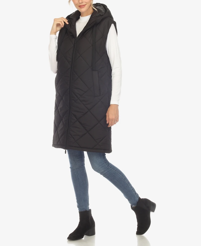 White Mark Women's Diamond Quilted Hooded Long Puffer Vest Jacket