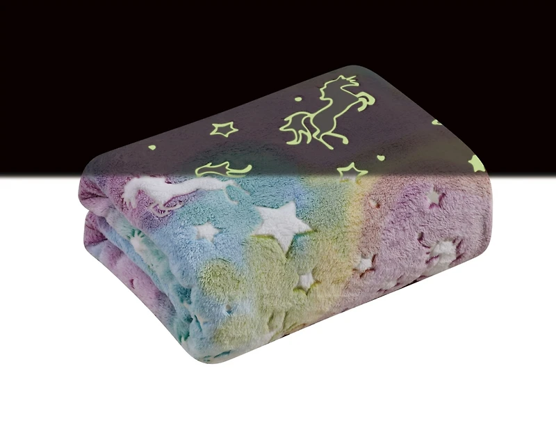 GoodGram Glow In The Dark Blue Unicorns & Stars Ultra Plush Juvi Fleece Accent Throw Blanket - 50 In. X 60 In.