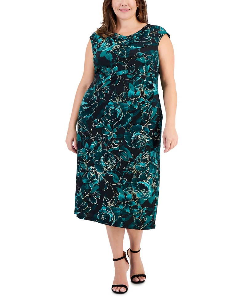 Connected Plus Floral-Print Cowlneck Midi Dress