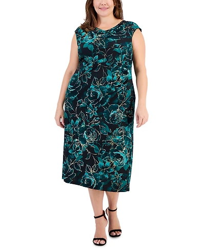 Connected Plus Floral-Print Cowlneck Midi Dress