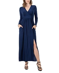 24seven Comfort Apparel Women's Long Sleeve V-neck Side Slit Maxi Dress