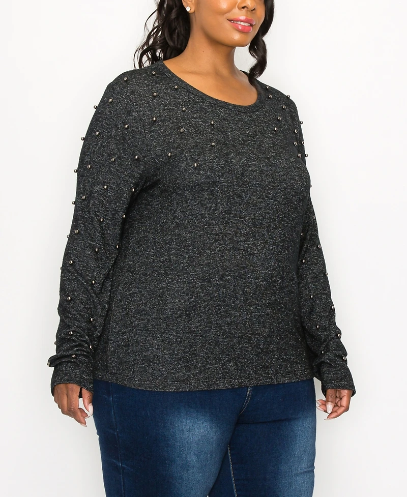 Coin 1804 Plus Size Cozy Long Sleeve Pullover Top with Gunmetal Studs