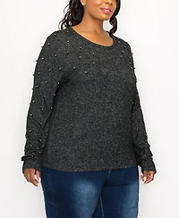 Coin 1804 Plus Size Cozy Long Sleeve Pullover Top with Gunmetal Studs