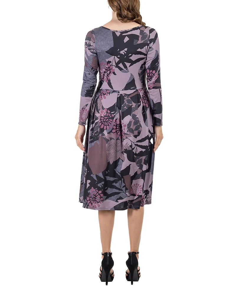 24seven Comfort Apparel Women's Floral Long Sleeve Pleated Pocket Midi Dress