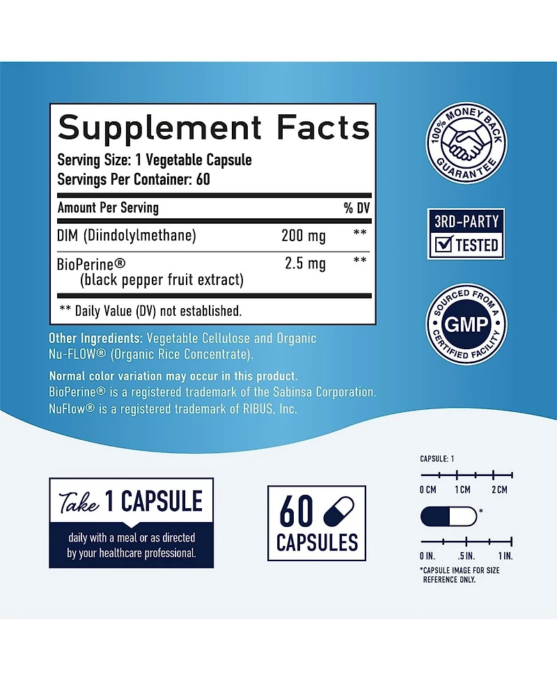 Dim 200mg with BioPerine, Estrogen Supplement for Women, Supports Hormone Balance, SMNutrition, 60 Capsules