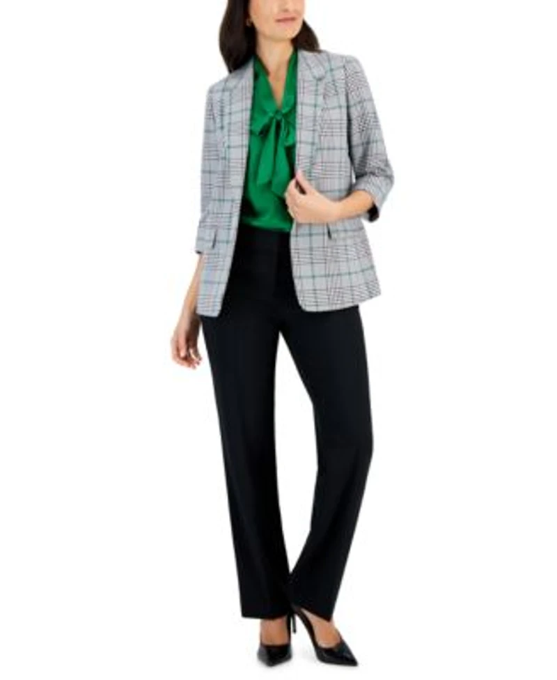 Kasper Womens Plaid Open Jacket Matte Satin Tie Neck Blouse Fly Front Pocket Trousers