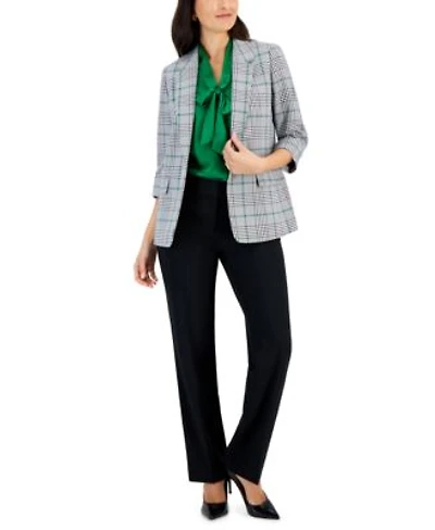 Kasper Womens Plaid Open Jacket Matte Satin Tie Neck Blouse Fly Front Pocket Trousers