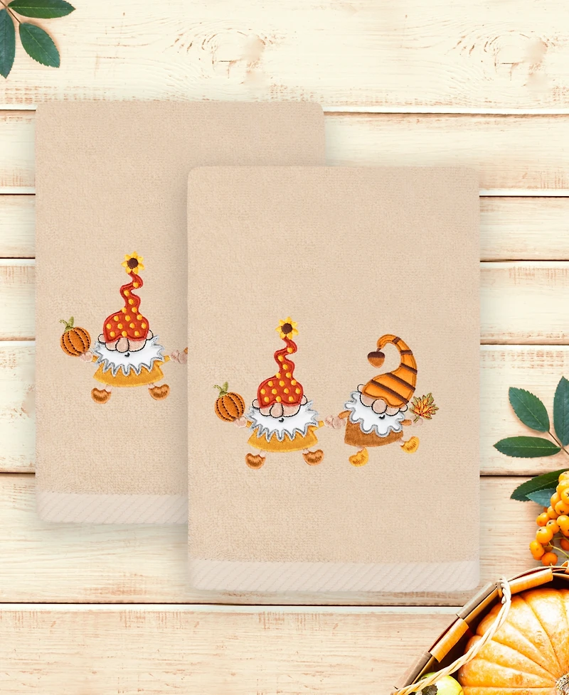 Linum Home Textiles Autumn Gnomes Embroidered Luxury 100% Turkish Cotton Hand Towels Set, 2 Piece