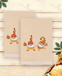 Linum Home Textiles Autumn Gnomes Embroidered Luxury 100% Turkish Cotton Hand Towels Set, 2 Piece