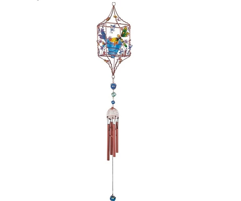 33" Long Dragonfly Copper and Gem Wind Chime with Candle Holder