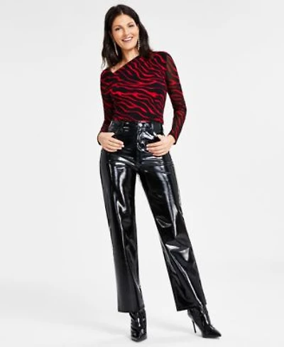I.N.C. International Concepts Womens Zebra Print Asymmetric Mesh Sleeve Top Patent High Rise Straight Leg Pants Created For Macys
