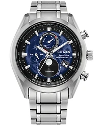Citizen Men's Tsuki-yomi A-t Chronograph Sport Luxury Eco-Drive Silver-Tone Titanium Bracelet Watch 43mm