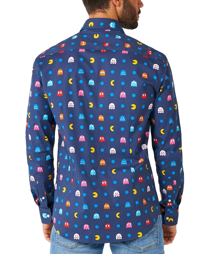 OppoSuits Big & Tall Pixel Official Pac-man Shirt - Retro Gaming Outfit Including 1 Button- Up Blue Long sleeve